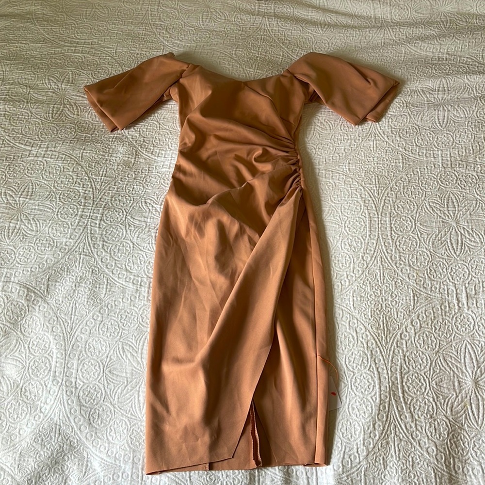 Off the shoulder dusty rose wedding guest ready dress